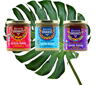 Acacia, White and Neem honeys over a palm leaf